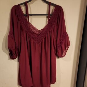 torrid Burgundy Lace-Trim Off-Shoulder Tunic